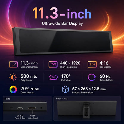 LESOWN Stretched Bar LCD Monitor - 11.3/8.8/7.9 Inch Secondary Display for PC Case, CPU, GPU & AIDA64 DIY Monitoring
