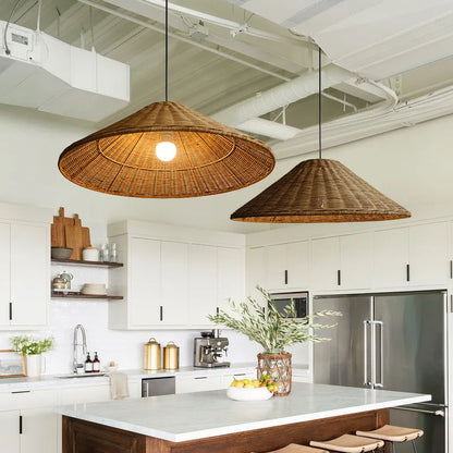 Vintage Rattan Pendant Light - Handwoven Wicker Ceiling Hanging Lamp for Dining Room & Kitchen Decor