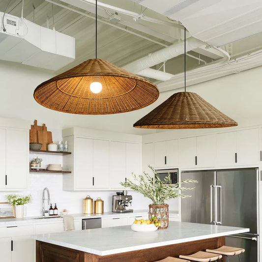 Vintage Rattan Pendant Light - Handwoven Wicker Ceiling Hanging Lamp for Dining Room & Kitchen Decor