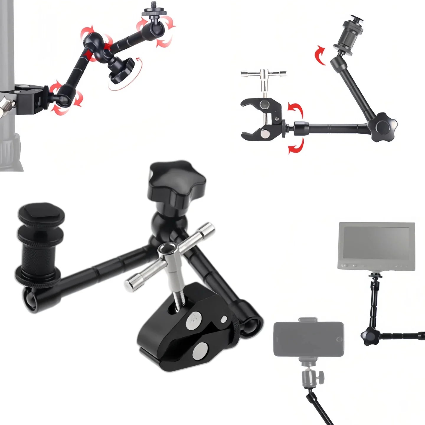 7"/11" Articulating Magic Arm with Super Clamp – DSLR Camera Rig Mount for Monitor, LED Light & Video Accessories