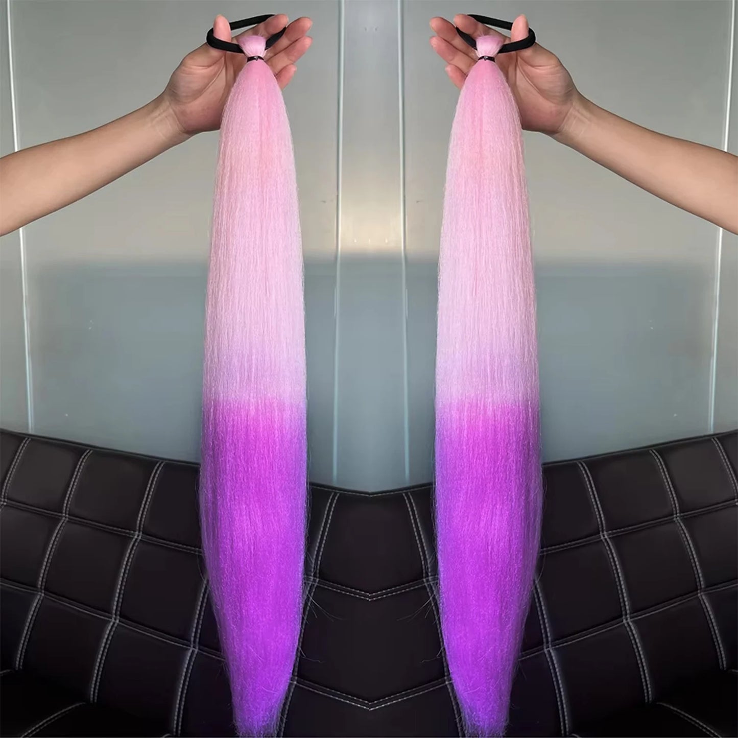 2Pcs Purple Synthetic Ponytail Extensions – Long Straight Hair Accessories with Rubber Bands for Women & Halloween