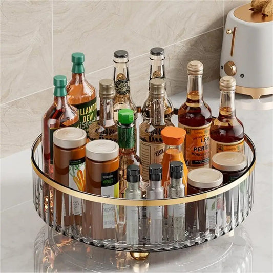 Round Plastic Clear Rotating Container Bins - For Cabinet, Pantry, Kitchen Countertop, and Refrigerator - Grey