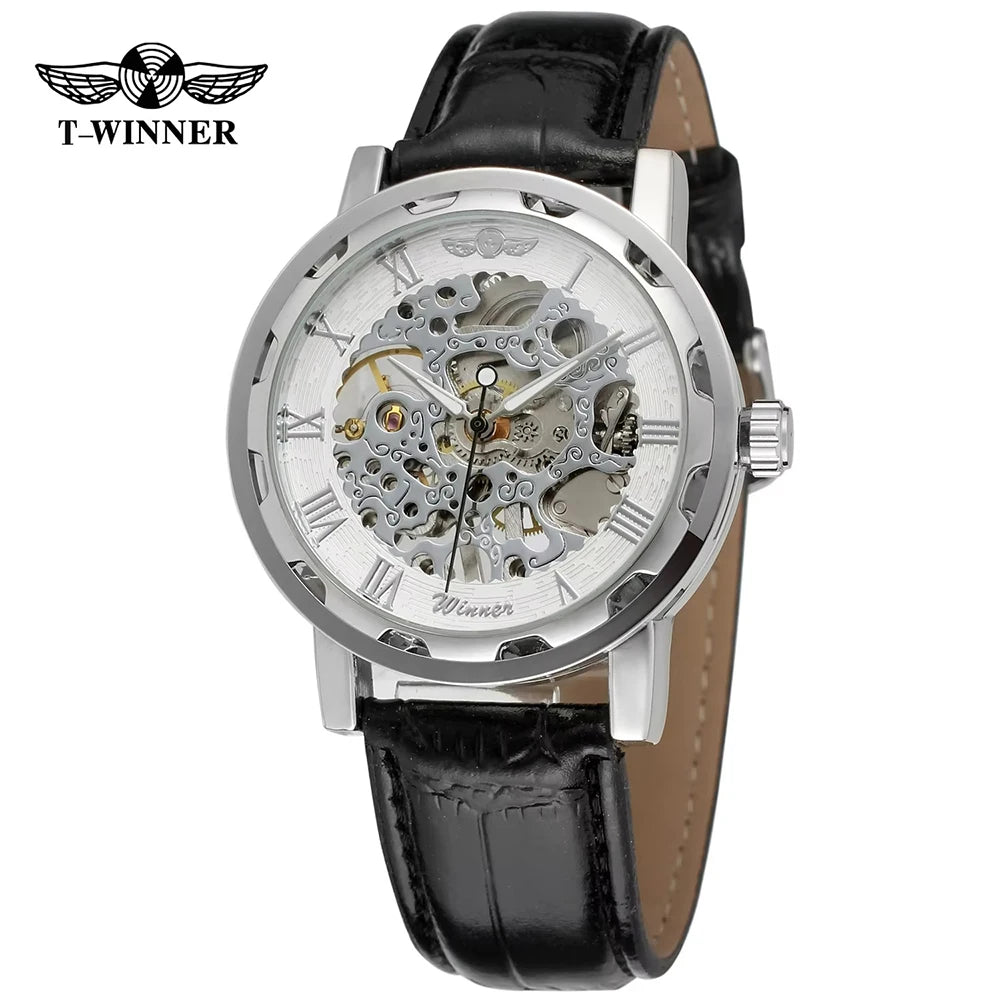 T-Winner Classic Skeleton Watch – Mechanical Hand-Wind Wristwatch with PU Leather Strap for Men & Women