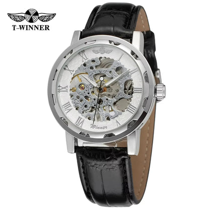 T-Winner Classic Skeleton Watch – Mechanical Hand-Wind Wristwatch with PU Leather Strap for Men & Women