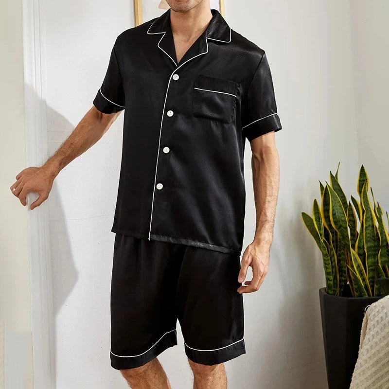 Men’s Satin Pajama Set – Summer Short Sleeve Button-Down Shirt & Shorts, 2-Piece Sleepwear Home Clothes