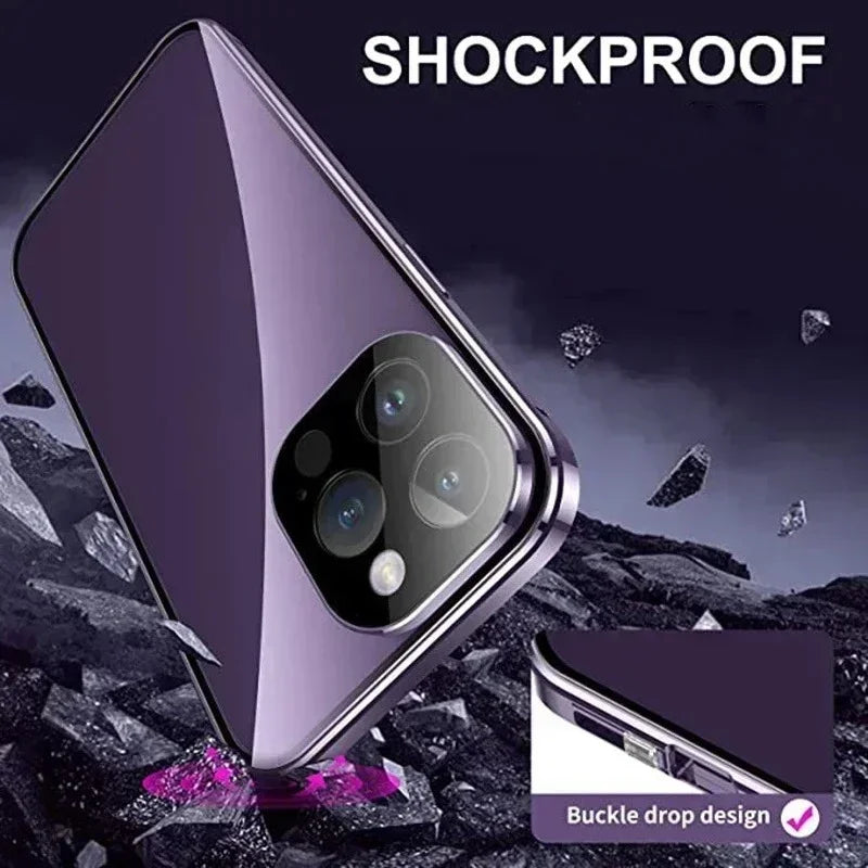 360° Full Protection Metal Magnetic Double-Sided Glass Case for iPhone 17 16 15 14 13 12 Pro Max Plus 17E 16E - Snap Lock Privacy Protective Cover