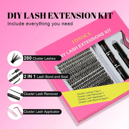 TDANCE 280PCS DIY Lash Extension Kit – Mix Clusters (30D/40D) with Bond, Seal & Remover for At-Home Application