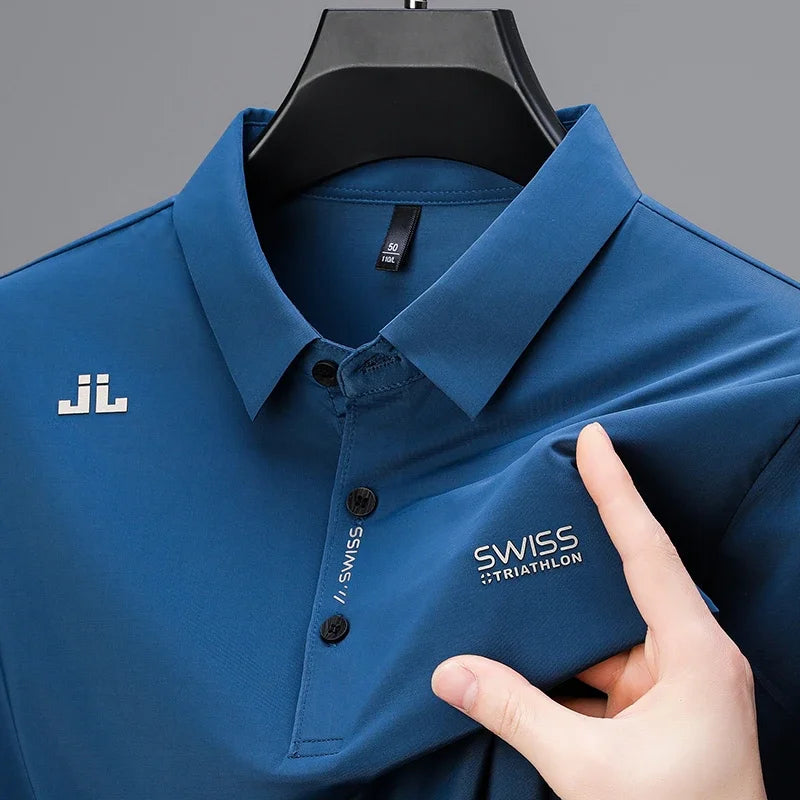 Men's Business Casual Polo Shirt - Short Sleeve Solid Color Top with Badge Detail