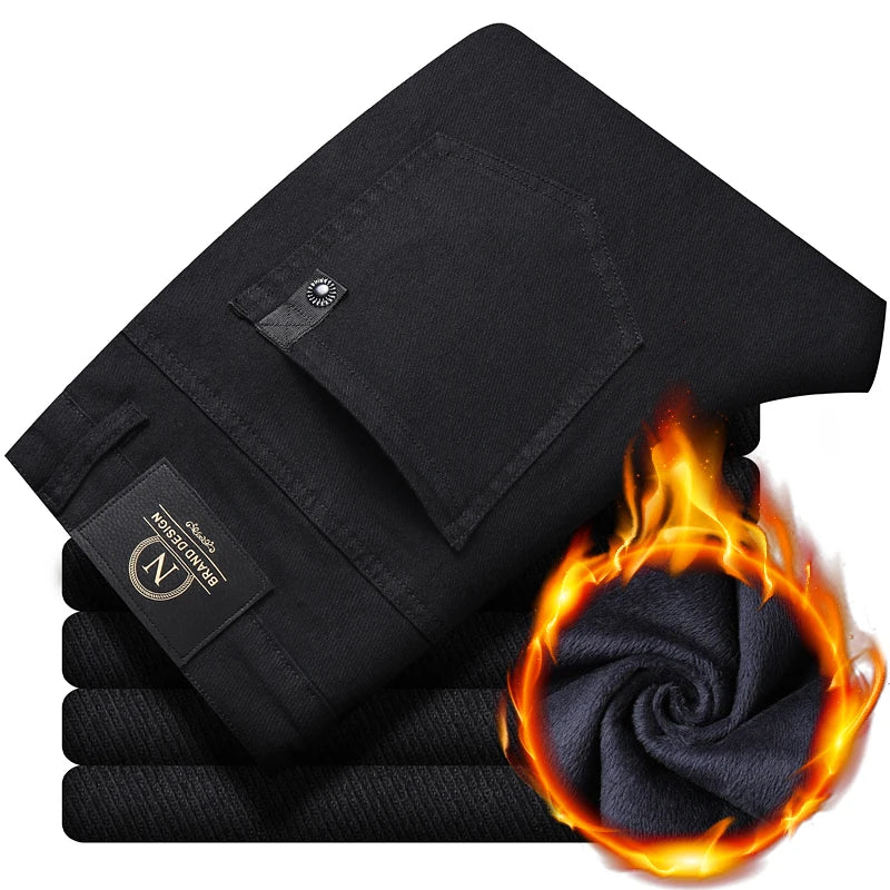 Winter 2025 Men’s Fleece Pants – Thick Slim Fit Velvet Trousers, Warm Elastic Business Casual Plush Pants