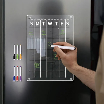Reusable Magnetic Dry Erase Fridge Calendar Board - Transparent Acrylic Fridge Magnet Sticker Planner for Schedules, Messages, and Menus