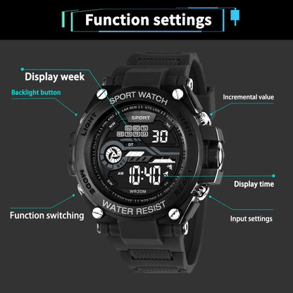 YIKAZE Men’s Waterproof Sports Watch — Multifunction LED Digital Military Watch with Alarm Clock