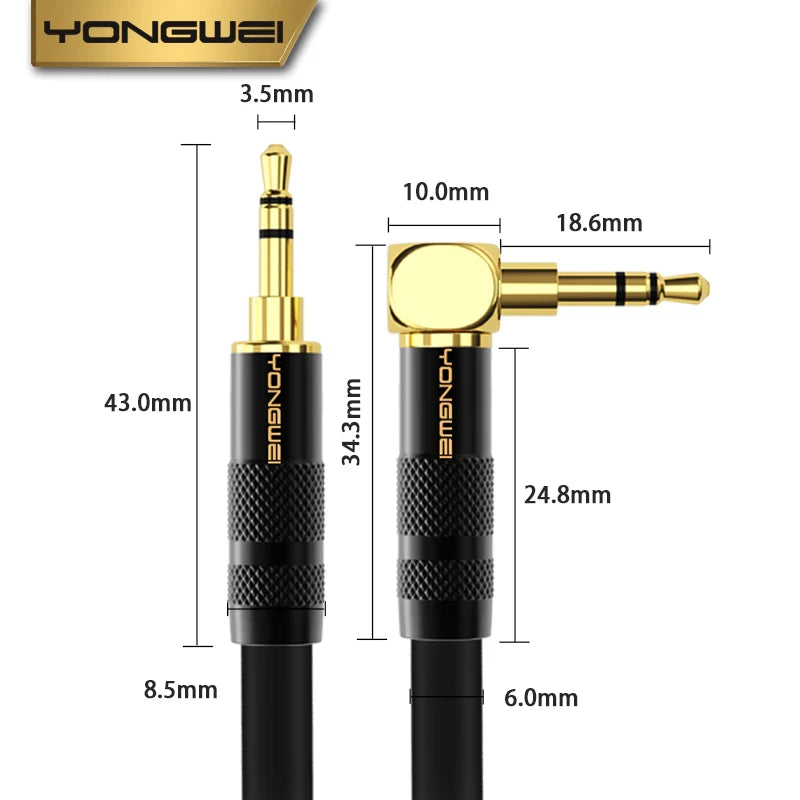 YONGWEI 3.5mm AUX Audio Cable - Straight to Curved Male-to-Male for Car, Mobile Phone, Computer, Speaker and Headset Extension