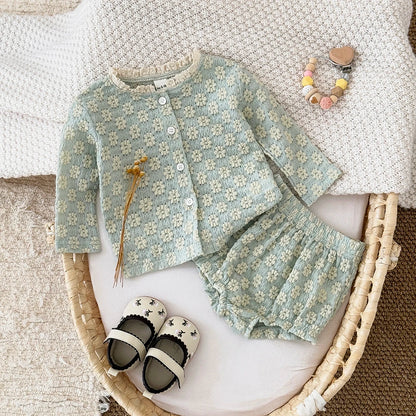 Summer European Style Baby Onesie Set – Floral Embroidery Long Sleeve Top & Shorts, Breathable 2-Piece Outfit