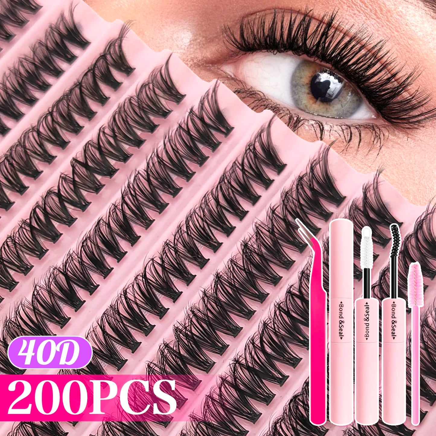 720/200pcs Eyelash Extension Kit – Fluffy Wispy Lash Clusters with Bond & Seal, Tweezers & Tools for Thick Volume DIY Lash Extensions