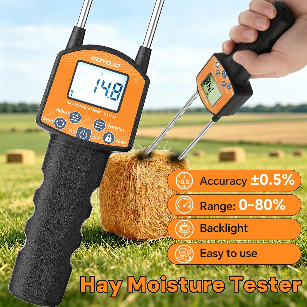 GS120A Digital Hay Moisture Meter - 0–80% Moisture Tester with LCD Probe for Hay, Straw & Grass Bales