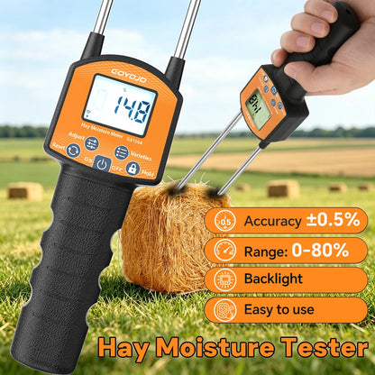 GS120A Digital Hay Moisture Meter - 0–80% Moisture Tester with LCD Probe for Hay, Straw & Grass Bales