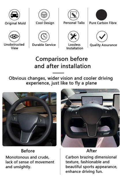 Hawknavi 350mm Yoke Steering Wheel – Leather Racing Style for Tesla Model 3 & Model Y, Heated Optional, White & Black