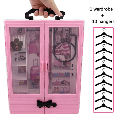 Pink Doll Wardrobe Playset with 10 Hangers – Fold-Out Portable Closet Fashion Toy Gift