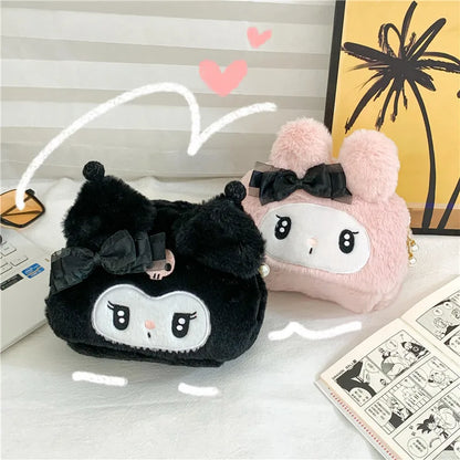 Kawaii Sanrio Plush Kuromi Melody Make-Up Cosmetic Bag - Cartoon Large Capacity Storage Handbag for Girls - Cute Gift Idea