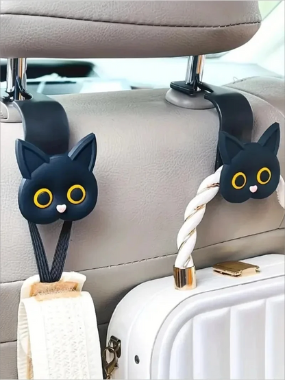 3D Cartoon Cat Car Headrest Hooks - 2-Piece Universal Vehicle Organizer for Bags, Purses & Coats