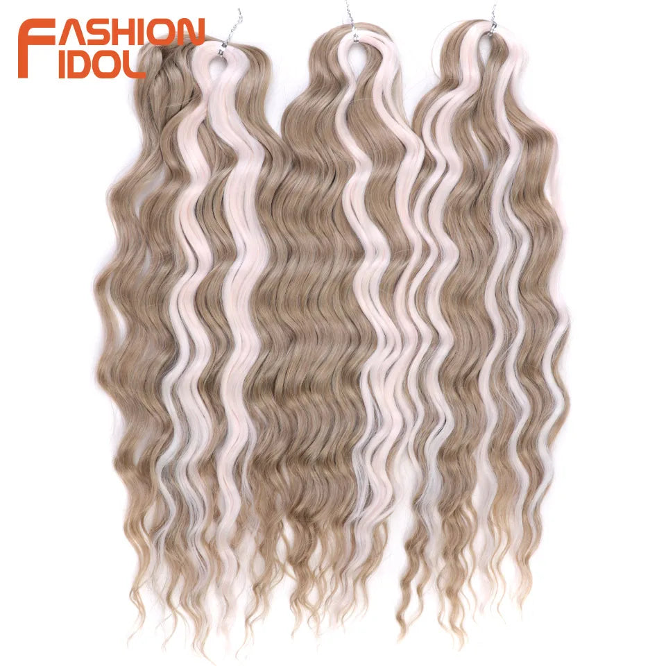 FASHION IDOL 24" Deep Wave Crochet Hair - 3-Piece Synthetic Water Wave Braiding Extensions, Ombre Rainbow Twist Hair