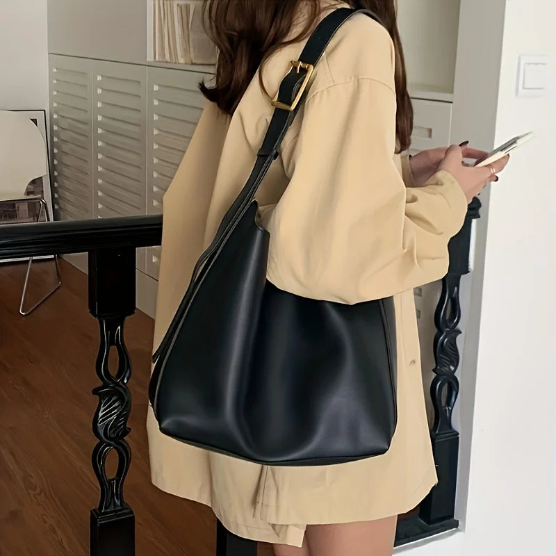 Women’s Retro Faux Leather Tote Bag – Minimalist Shoulder Bucket Handbag with PU Lining