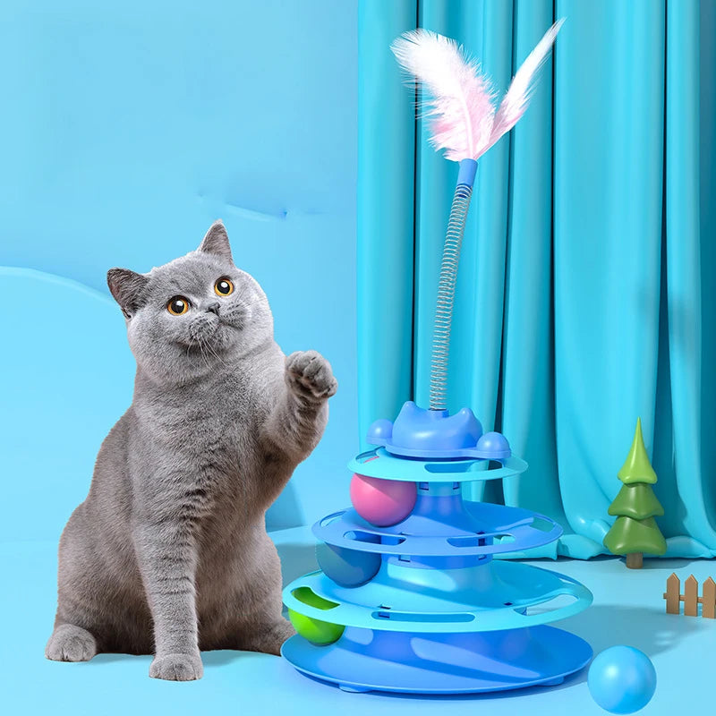 Interactive Cat Toy Tower - Kitten Turntable Track Roller Balls & Feather Training Toy