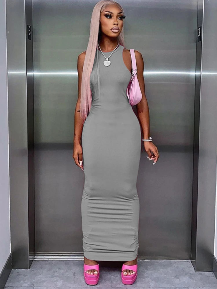 Hugcitar Ribbed Bodycon Maxi Dress - Y2K Sleeveless Sexy Club Party Streetwear Outfit for Women