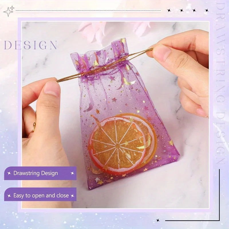 50PCS Moon & Stars Organza Drawstring Bags – Gold Star Jewelry Gift Pouches for Christmas, Weddings & Favors