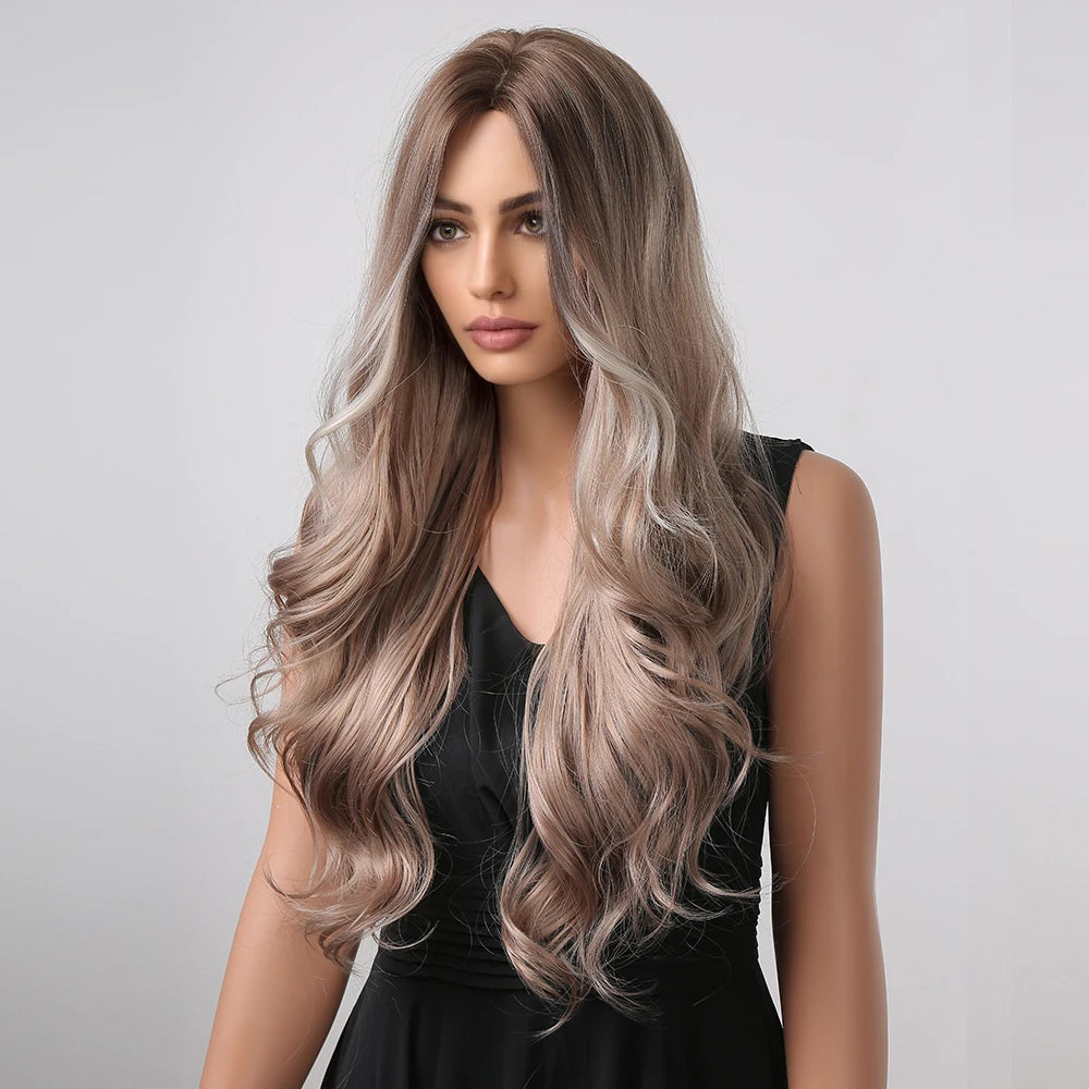 ALAN EATON Black Long Wavy Synthetic Wig – Natural Afro Hair, Middle Part, Heat-Resistant Fiber for Daily Use