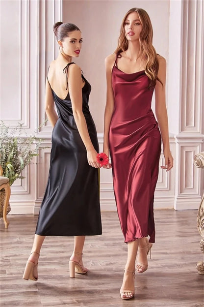 MisShow Women’s Sage Green Satin Midi Dress – Cowl Neck, Bandage Style with High Slit & Tie Straps, Sexy Summer Evening & Bridesmaid Dress