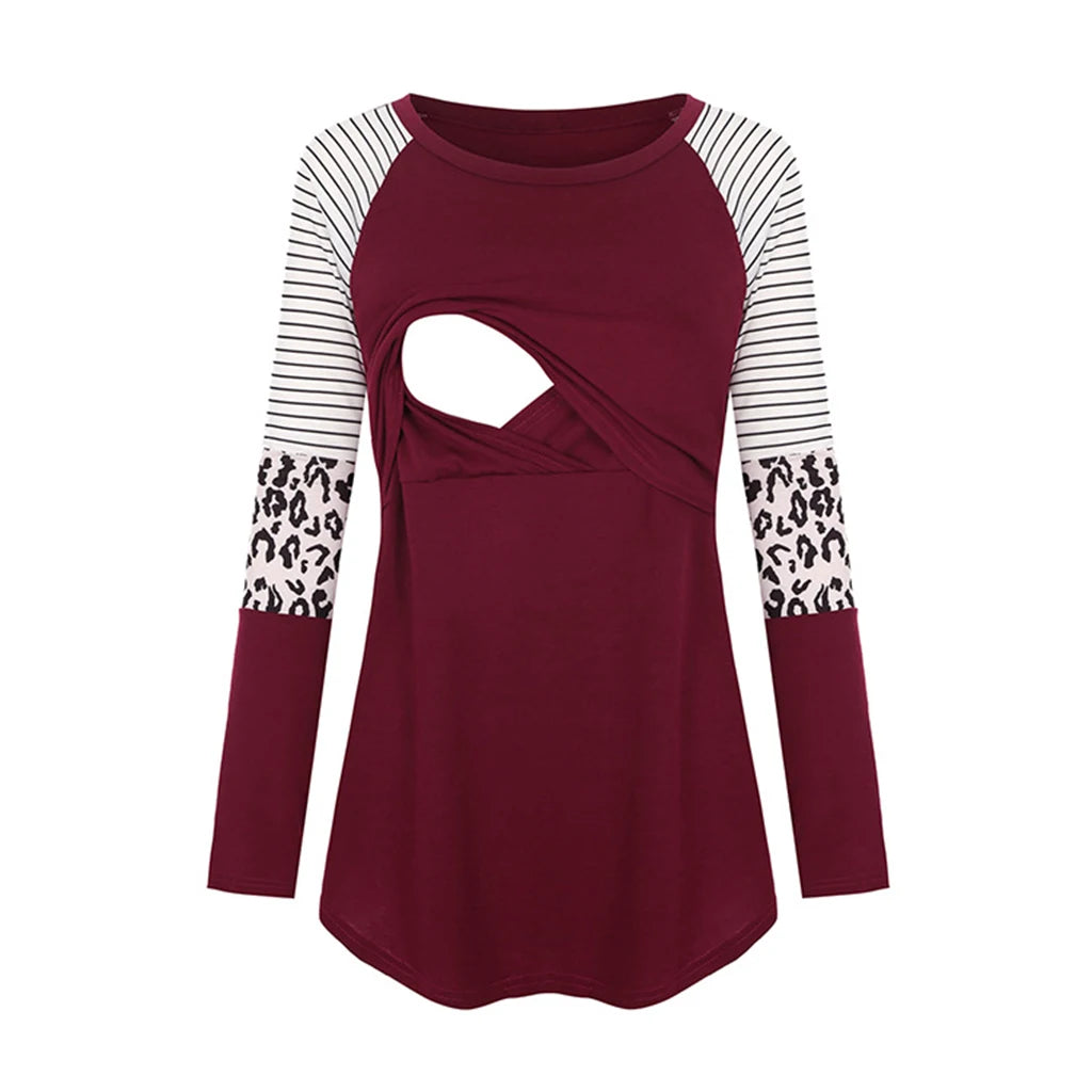 Women’s Maternity Nursing Top – Long Sleeve Patchwork Color Blouse for Breastfeeding