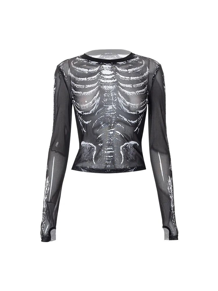 Gothic Punk Shirt for Women – 2000s Skeleton Pattern Round Neck Long Sleeve Crop Top, Black Dark Academia Y2K Streetwear Tee