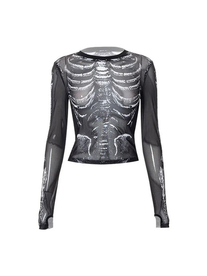Gothic Punk Shirt for Women – 2000s Skeleton Pattern Round Neck Long Sleeve Crop Top, Black Dark Academia Y2K Streetwear Tee