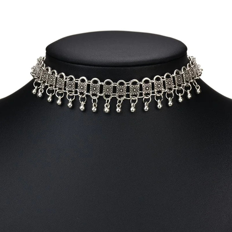 Stainless Steel Gypsy Chainmaille Choker - Jingle Bell Flower Clavicle Necklace for Women