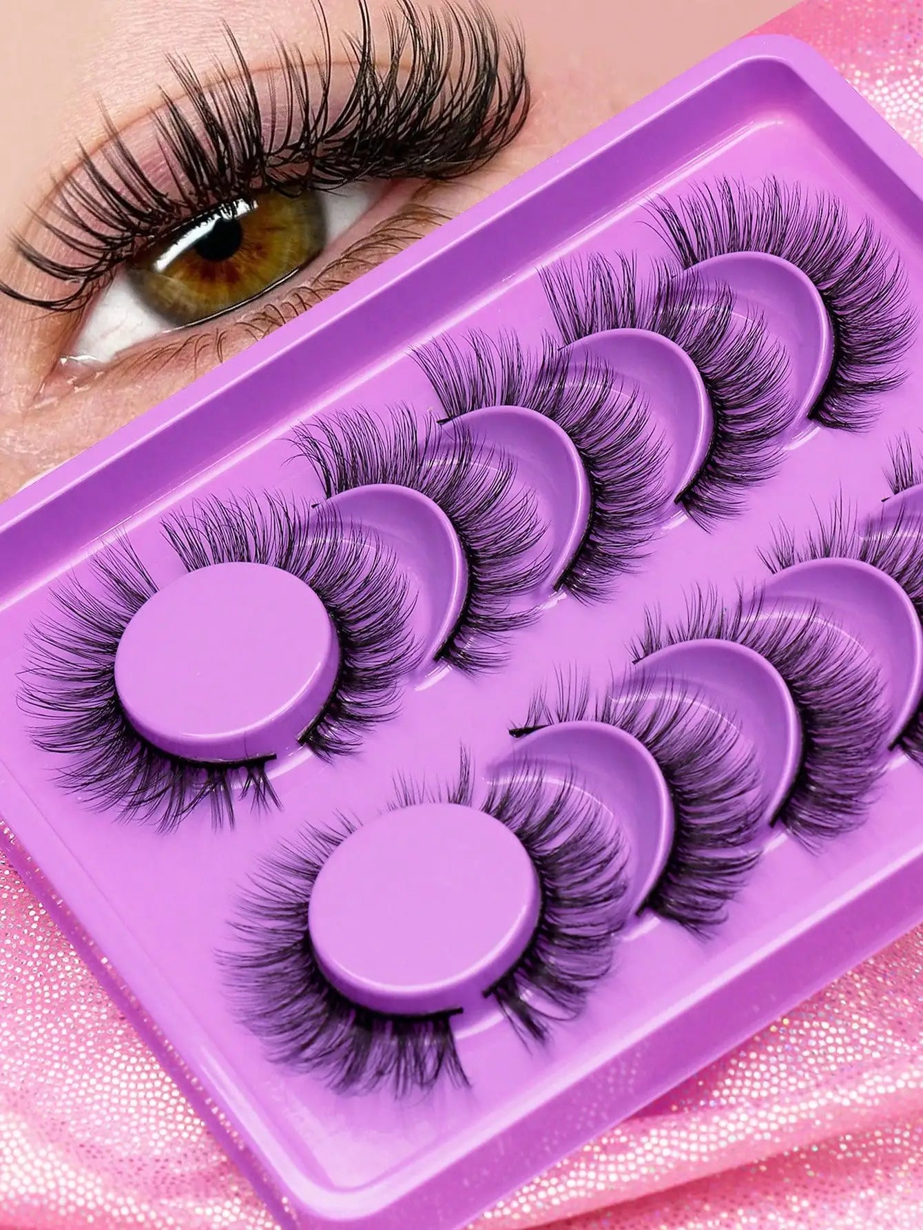 5 Pairs Cat Eye Faux Mink Eyelashes – Winged Long Natural Manga Style False Lashes Makeup Set