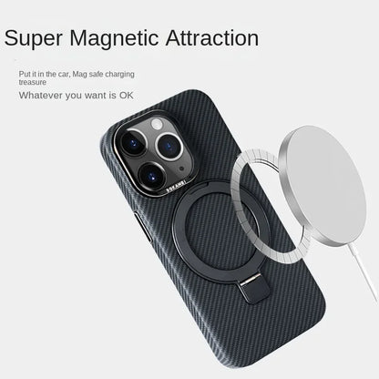 Luxury Carbon Fiber Magnetic Ring Holder - Drop-Proof Textured Case for iPhone 15, 14, 13 Pro Max, MagSafe Wireless