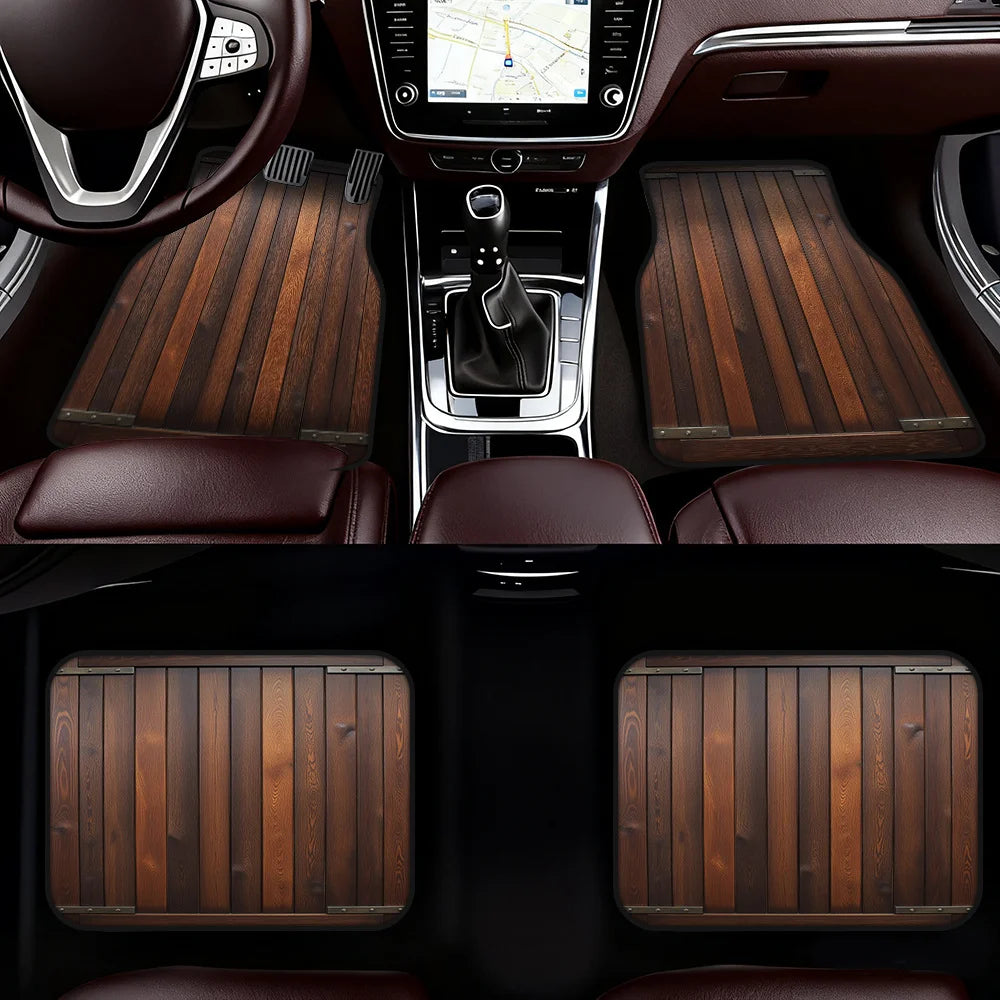 4-Pack Vintage Wood Grain Car Floor Mats - Heavy-Duty SUV, Pickup Truck & Trunk Liners