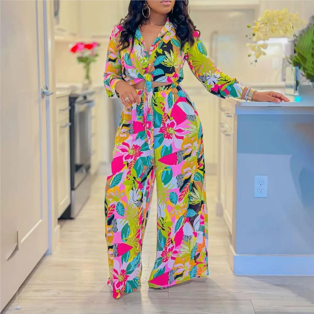 Women’s 2-Piece Spring/Autumn Set – Printed Long Sleeve Lace-Up Shirt & Slim Straight Pants