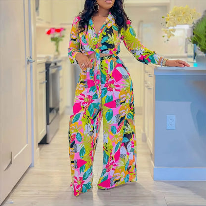 Women’s 2-Piece Spring/Autumn Set – Printed Long Sleeve Lace-Up Shirt & Slim Straight Pants