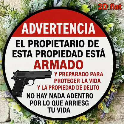 Armed Homeowner Warning Sign - Vintage Round Aluminum Security Plaque in English & Spanish