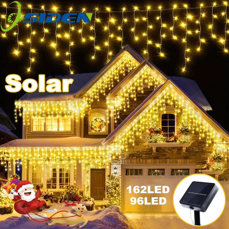 Solar Christmas Icicle Lights 162/96 LED – 8-Mode Waterproof Curtain String Lights for Outdoor, Garden & Holiday Decoration
