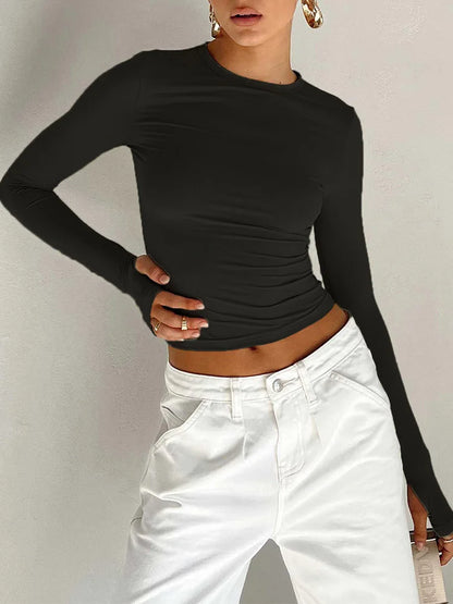 Fashion Women's Long Sleeve T-Shirt - Crew Neck Solid Slim Fit Crop Top with Thumb Holes for Daily Summer Streetwear