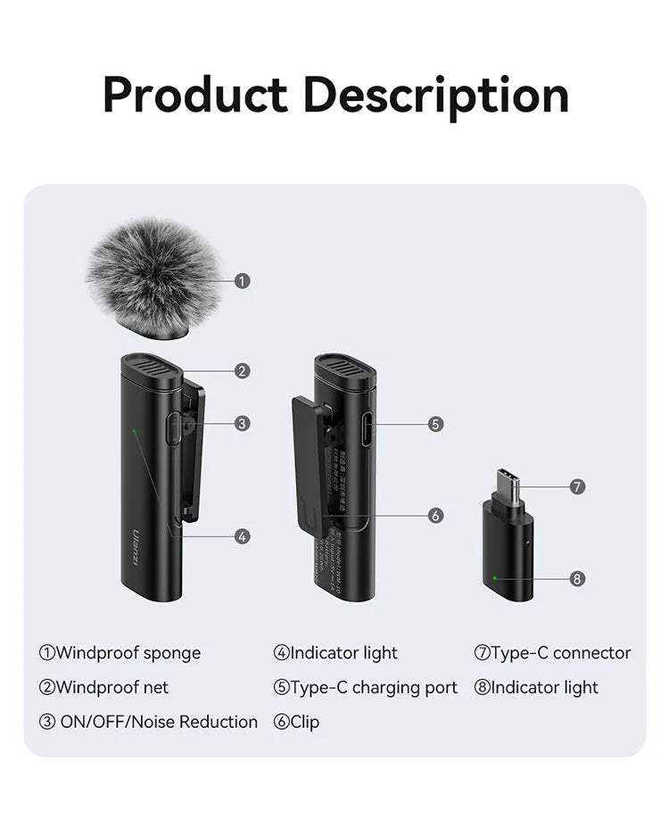 Ulanzi WM-10 Wireless Lavalier Microphone – 1-to-1 USB-C Mic for Android & iPhone, Windproof Sponge for Live Streaming & Recording