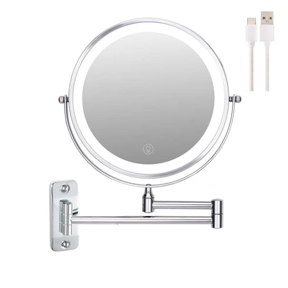 8-Inch Double-Sided LED Makeup Mirror - 10X Magnification, 360° Rotating, Wall Mounted, Foldable Vanity Mirror
