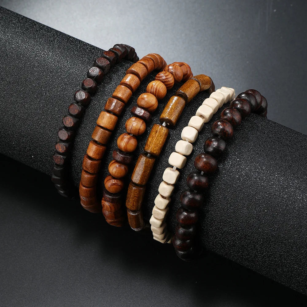 4Pcs Men's Braided Leather Bracelets Set – Vintage Life Tree & Rudder Charms, Wood Beads, Ethnic Tribal Wristbands