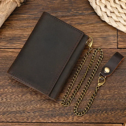 Men’s Genuine Leather Short Wallet with Chain – Trifold Zipper Clutch, Card Holder & Coin Purse