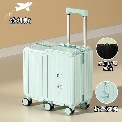 2024 Kids 20-Inch Travel Suitcase – Mini Luggage with Six Wheels, Sitting & Riding Feature, Folding Foot Pedal