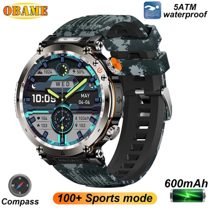 2025 5ATM Outdoor Smartwatch for Men – 600mAh Battery, LED Flashlight, Compass, Bluetooth Call, Heart Rate, IP68 Sports Watch