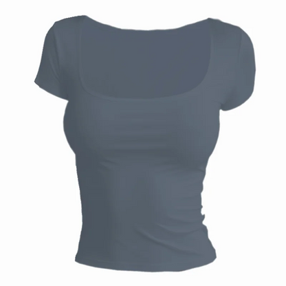 Women’s Short Sleeve Summer T-Shirt – Slim Fit Solid Color Square Neck Elastic Y2K Streetwear Fashion Tee Top QX33